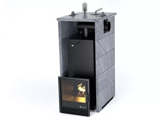 Печь для бани ИзиСтим Геленджик с боковым подключением в трехстороннем кожухе из талькохлорита с закрытым верхом сталь AISI 430