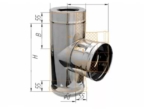 Феррум - Тройник сэндвич 90°, по воде D=150/210, AISI 430/430, 0,8/0,5 мм 