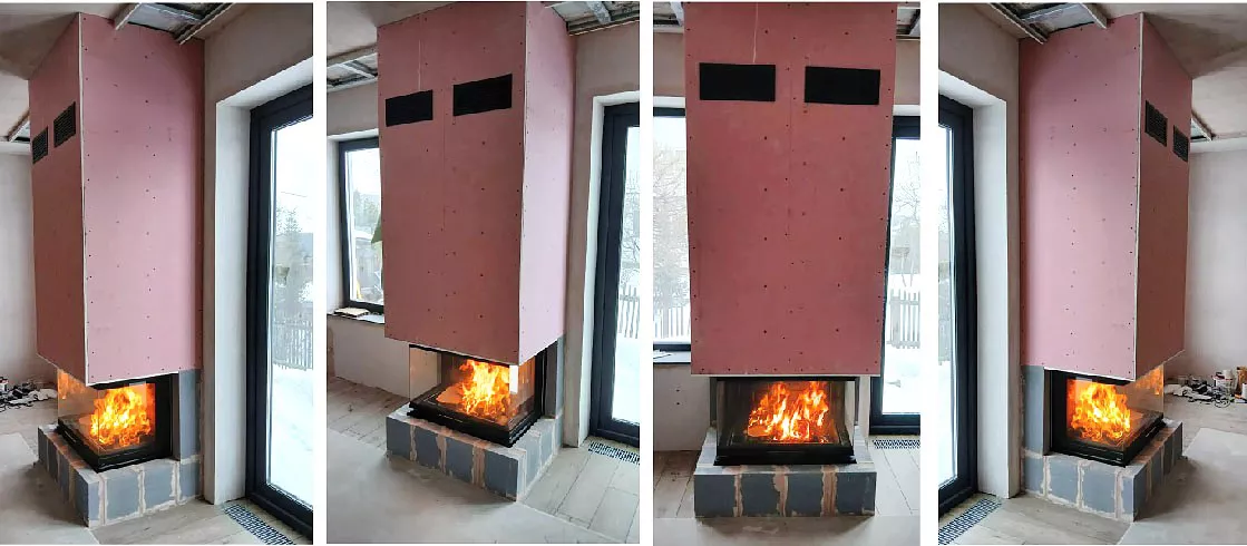 Монтаж основания и короба каминной топки Дельта 800 B три стекла принтинг черный шамот Эко Камин