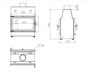 Изображение Топка ECT Double 70x51/V 13 кВт, 700/510, туннель, футеровка вермикулит 2